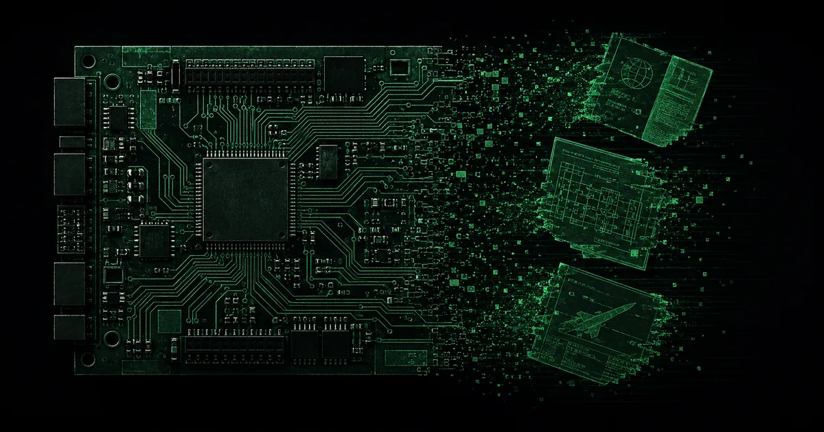 Une carte de circuit imprimé verte se désagrégeant sur son bord en particules de données qui se reforment en un passeport, un schéma technique et un plan, illustrant la fuite de fichiers de conception et de pièces d'identité lors de la brèche Tata Electronics.