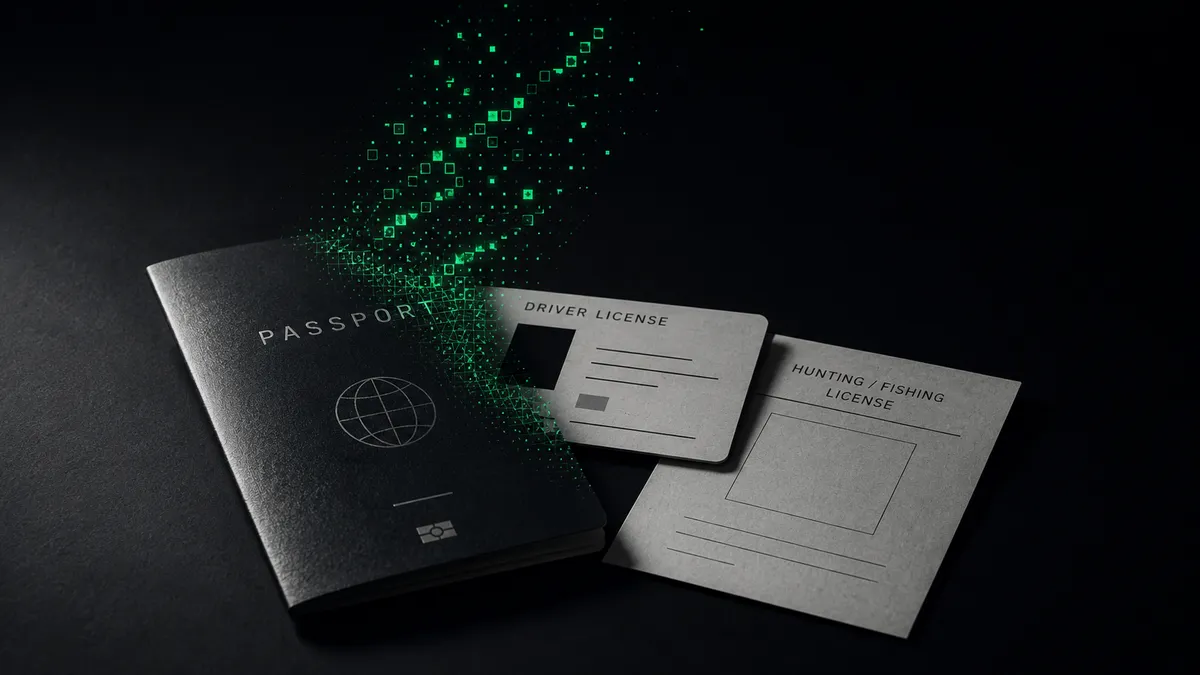 Ein Reisepass, ein Fuehrerschein und eine Jagd- und Angellizenz auf schwarzem Untergrund, ein Dokument loest sich in gruene Datenfragmente auf, die davontreiben, als Sinnbild fuer Ausweisdaten, die aus dem Speicher eines Anbieters abfliessen.
